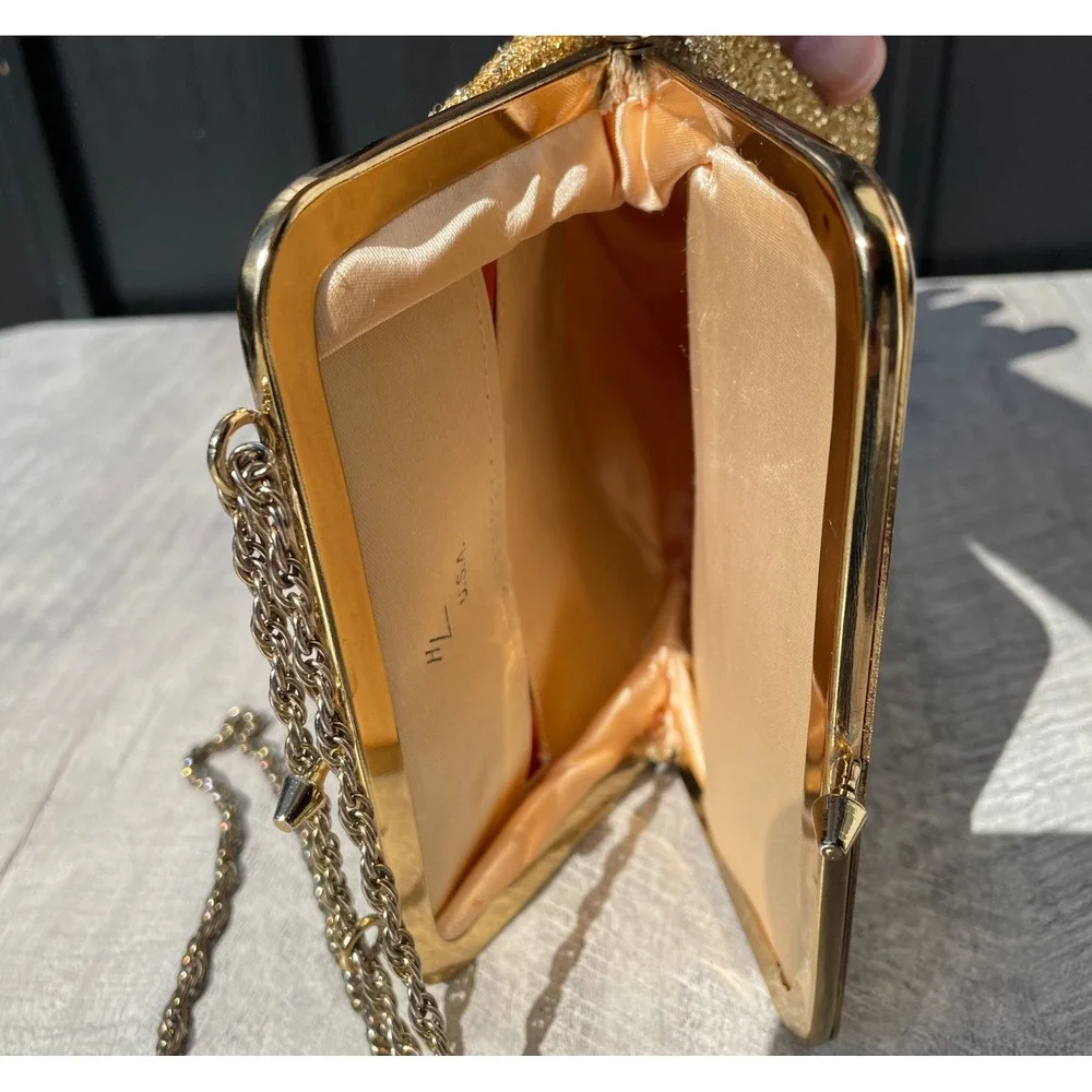 Vintage Harry Levine Gold Weave Evening Bag Kiss Lock Chain Strap Clutch Wedding